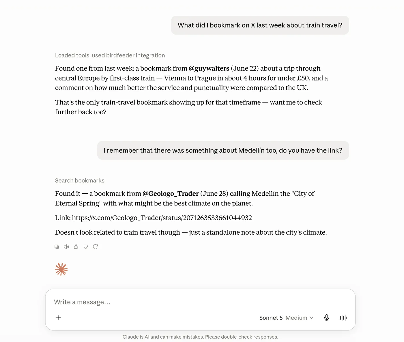A Claude chat answering questions about the user's X bookmarks through the Birdfeeder MCP integration