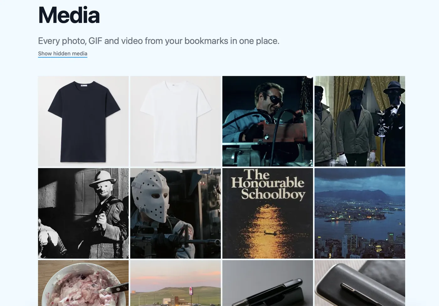 Birdfeeder media page showing a grid of photos from bookmarked posts