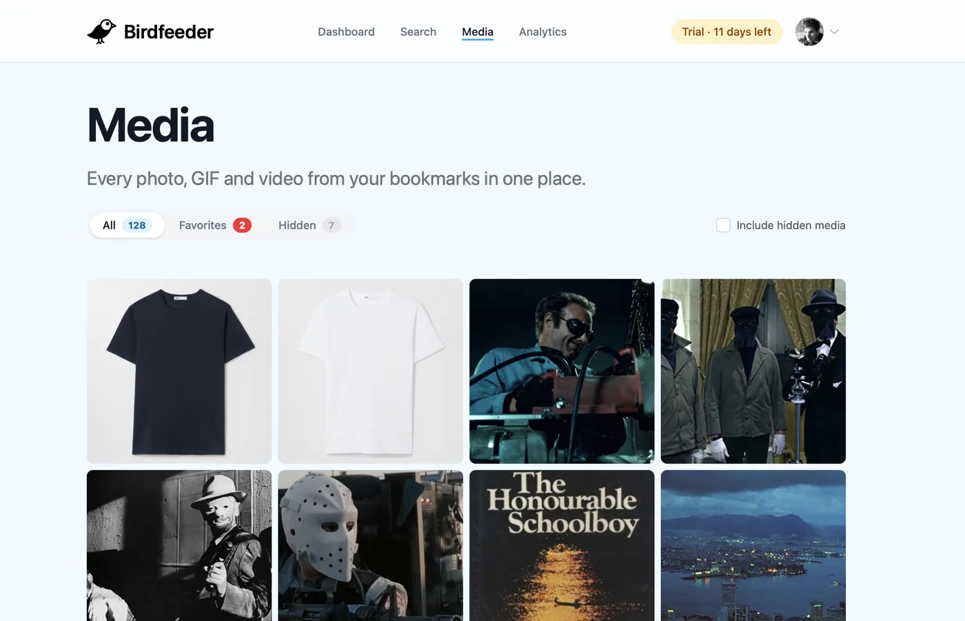 Birdfeeder media page showing a grid of photos from bookmarked posts