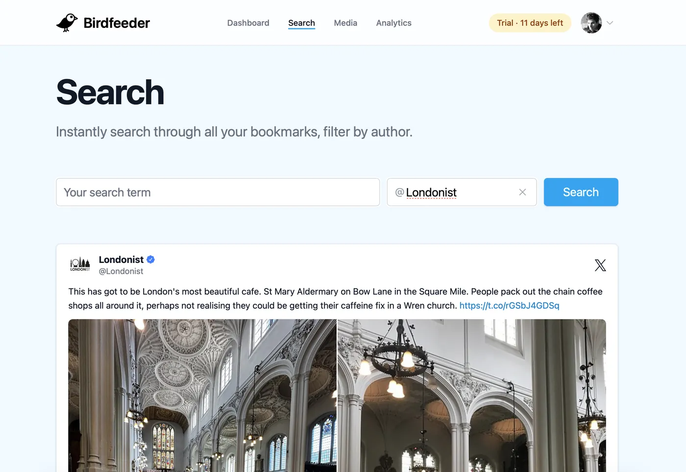 Birdfeeder search page filtering bookmarks by the author Londonist